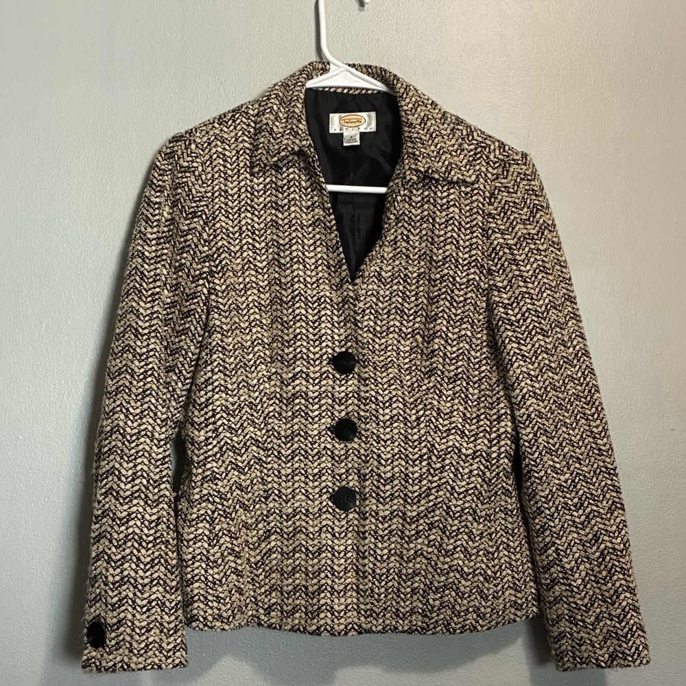 Talbots Petites Tweed Blazer 90s Jacket Black Gold Textured Button Front Size 8